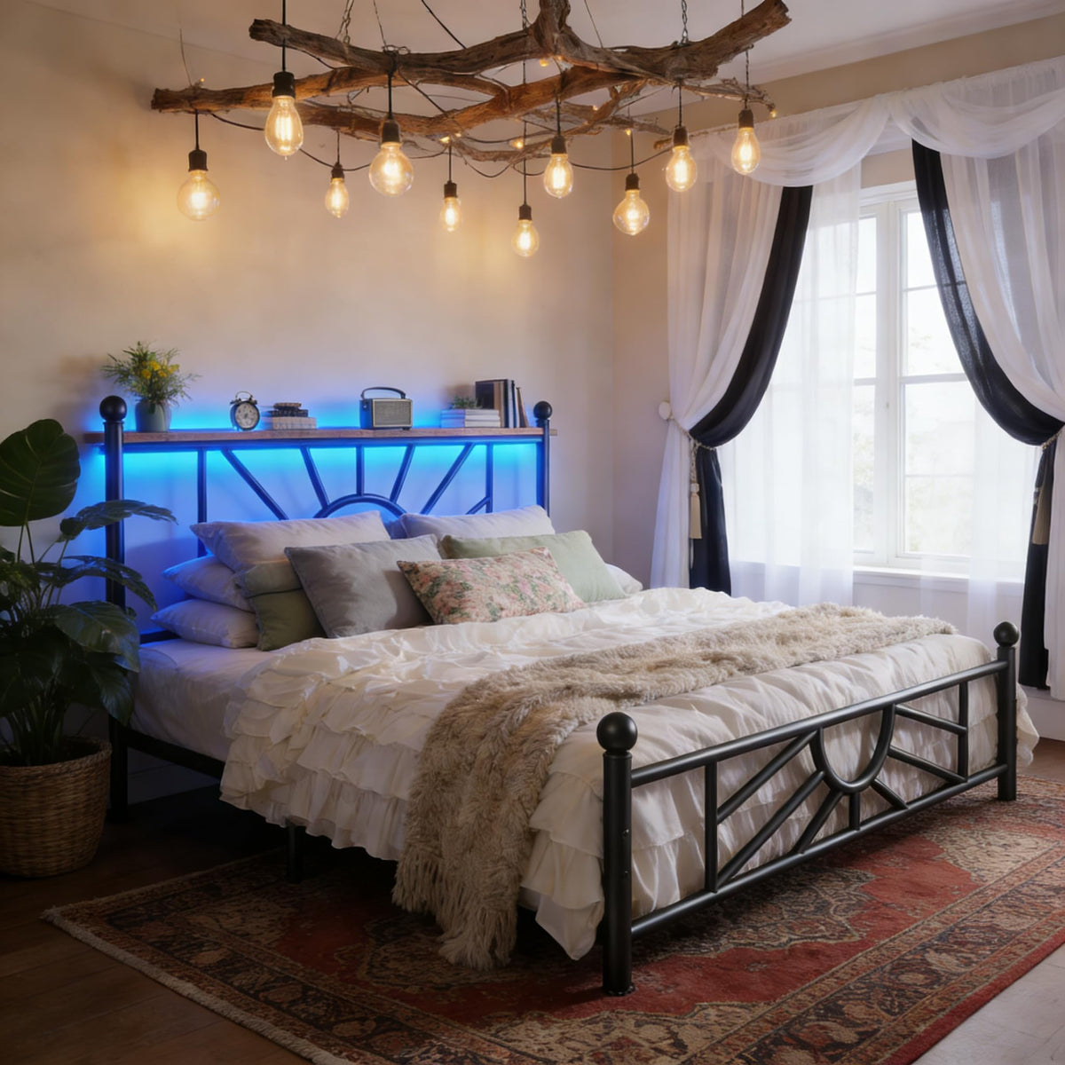 King Size Metal Platform Bed Frame with LED Lights P908443