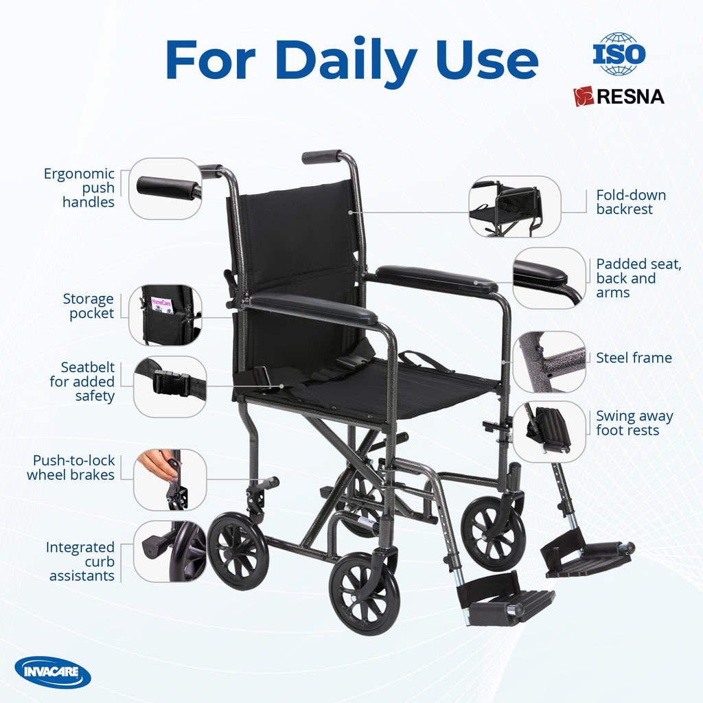 Compact Lightweight Steel Transport Wheelchair with 19in Seat Q5161