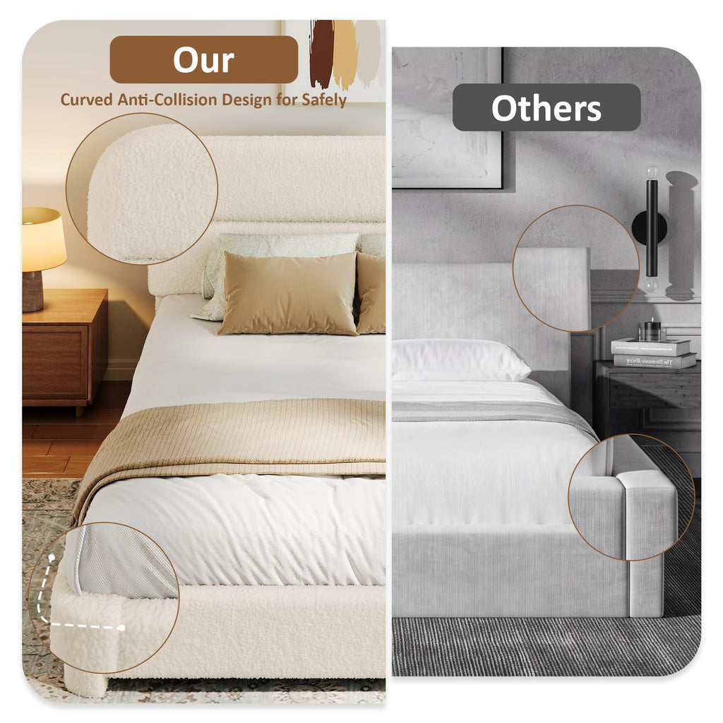Beige Boucle Upholstered Bed with Headboard N4214