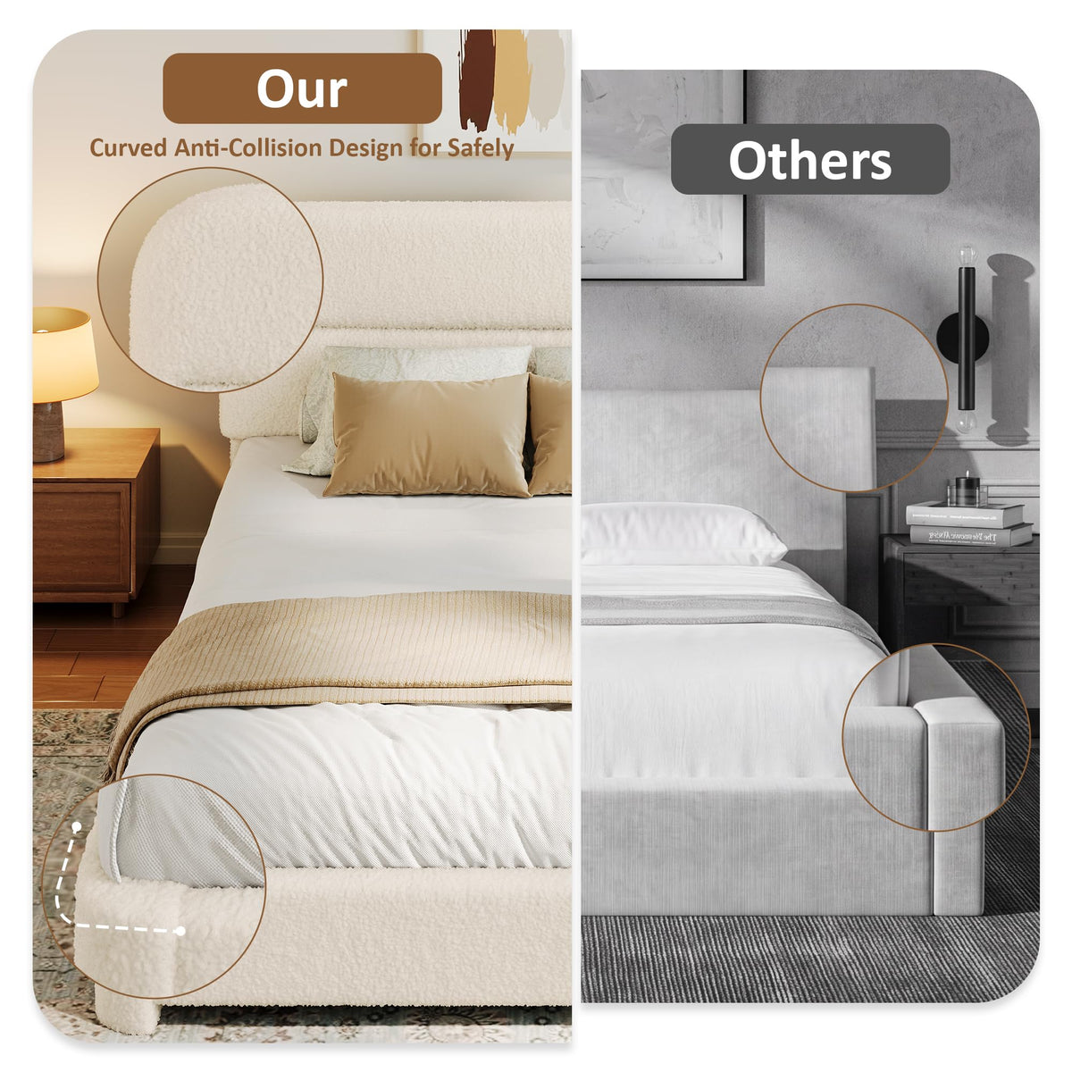 Beige Boucle Upholstered Bed with Headboard N4214