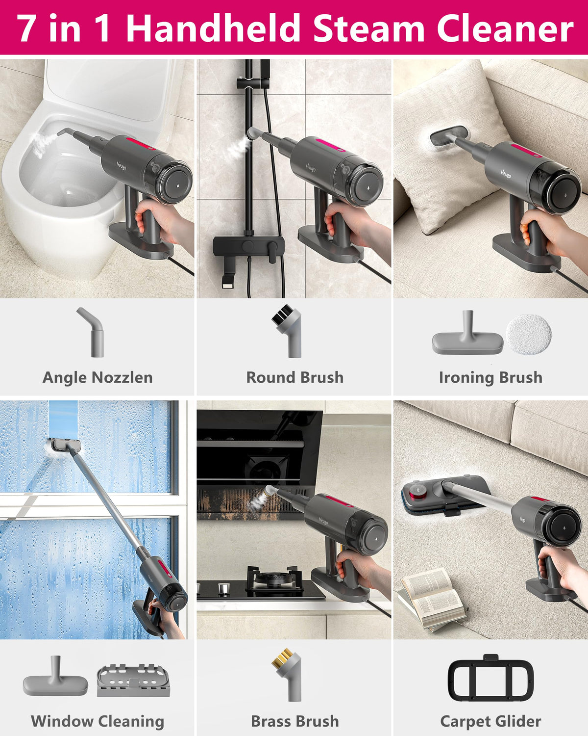 7in1 Handheld Steam Mop 1500W 23ft Cord W8496
