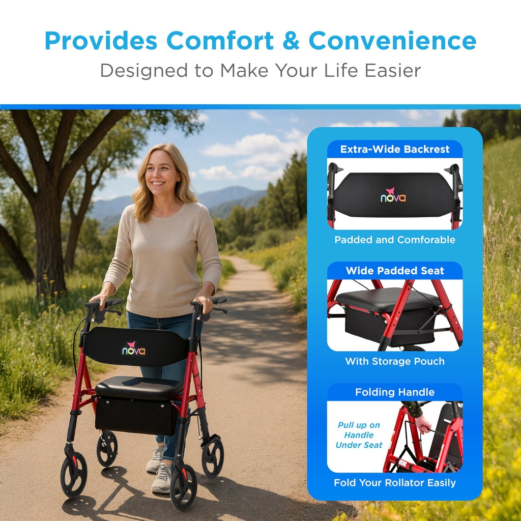 Foldable Rollator Walker with Seat, 8” All-Terrain Wheels, Red E1937