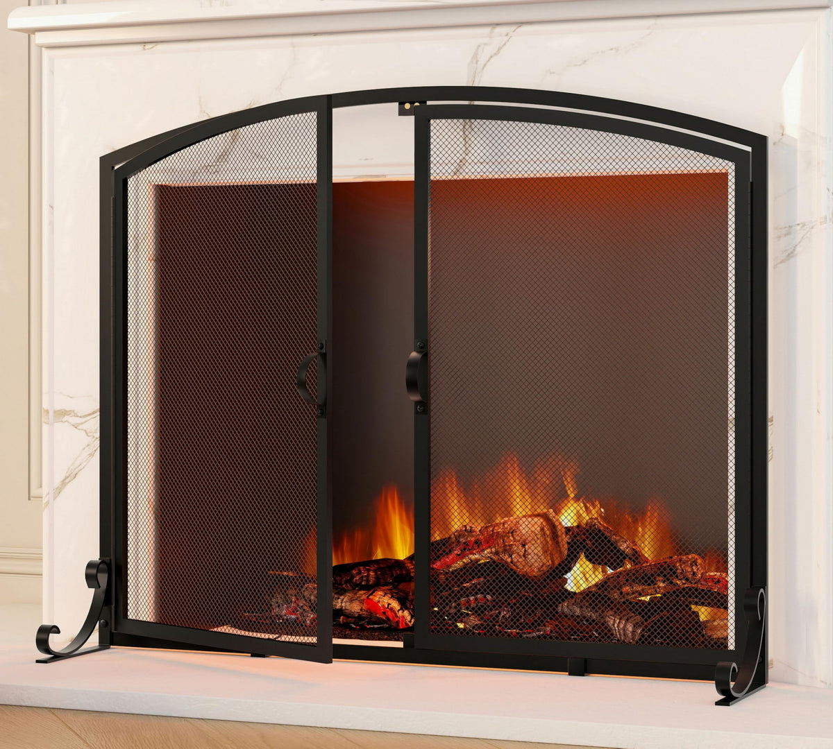Arched Metal Fireplace Screen 2-Panel Spark Guard O866