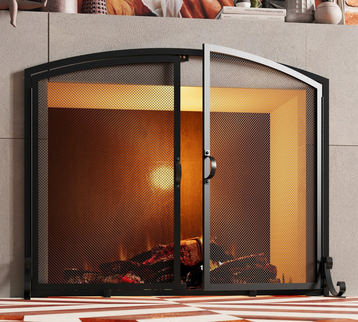 Arched Metal Fireplace Screen 2-Panel Spark Guard O866